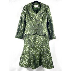 Lily & Taylor 2PC Skirt Suit Women's 6 Green Blazer Button Long Skirt Polka Dots